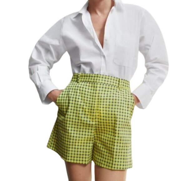 ZARA Yellow navy checkered plaid high waist mini shorts - Picture 1 of 8